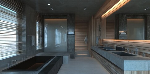 Poster - Modern bathroom featuring sleek design, wood accents, and minimalist aesthetics.