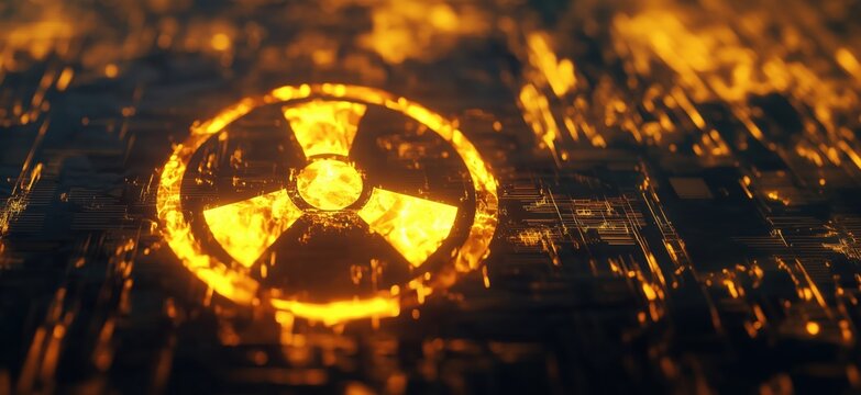 Radiation symbol glowing on digital background, abstract design with fiery textures and patterns, representing danger and technology, copy space for text