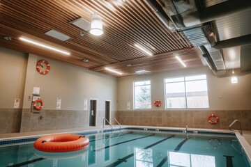 Poster - Indoor swimming pool with a lifebuoy and a floating ring.