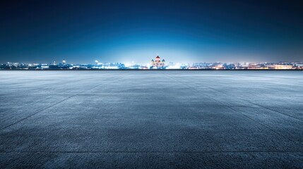 Aufkleber - A serene urban landscape at night, showcasing distant buildings against a vast empty foreground.