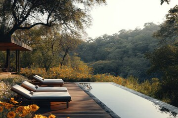 Poster - Serene outdoor space with loungers beside an infinity pool overlooking lush greenery.