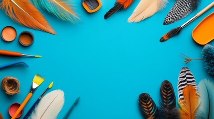 Wall Mural - Colorful Feathers and Paintbrushes Arrangement - Vivid feathers, paintbrushes, and paint palettes form a vibrant, creative border on a blue background, symbolizing art, craft, design, imagination, and