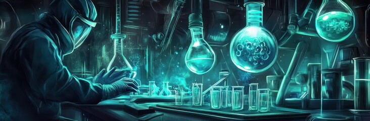 Poster - A scientist conducts experiments in a dark laboratory filled with glowing glassware.