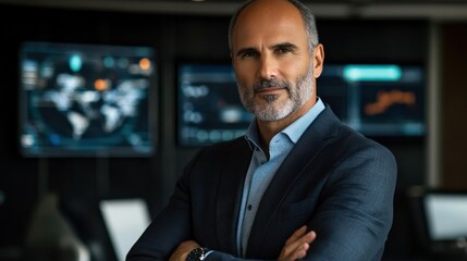 Poster - A professional man stands confidently in a modern office with digital displays in the background.