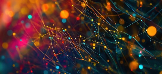Poster - Abstract digital network visualization, colorful lights, intricate lines, vibrant background, technology concept, copy space for text