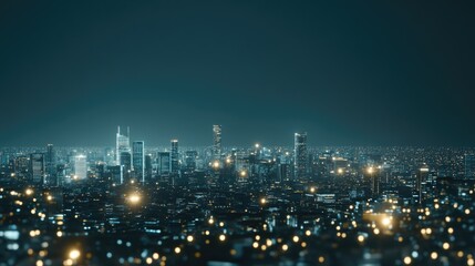 Fototapete - connected digital nodes create a vibrant network above a city skyline at night, showcasing a serene 