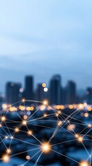 Fototapete - connected digital nodes create a vibrant network above a city skyline at night, showcasing a serene 