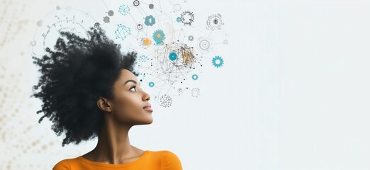 Poster - Creative thinking and innovation concept, woman with afro hairstyle, abstract technology graphics, gears, and connections above head, copy space for text