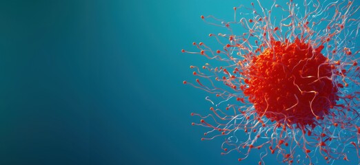 Poster - Red virus illustration with protruding spikes, depicting viral structure and infection mechanisms, copy space for text