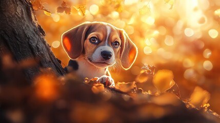 Poster - A curious puppy peeks through autumn leaves, capturing a warm, enchanting moment.