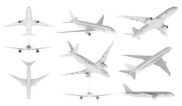 Airliner, aeroplane. Side, front and top views. 3D rendering isolated on transparent background