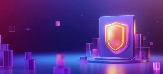Fototapete - Digital shield icon representing security, protection, and technology. Vibrant colors, glowing edges, 3D design, abstract shapes surrounding shield., copy space for text