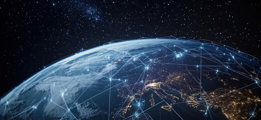 Poster - Global network connections visualized over Earth, showcasing illuminated cities and starry background. Digital lines represent data flow and connectivity., copy space for text