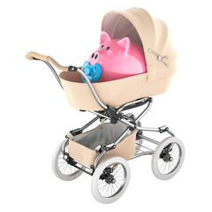 Poster - piggy bank with pacifier in baby pram, 3d rendering isolated on transparent background