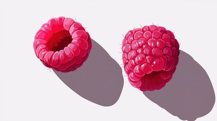 Poster - Two vibrant raspberries casting shadows on a light background.