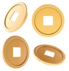 Poster - Traditional Chinese gold coin with square hole, different views. Symbol of wealth, prosperity, good luck. 3D rendering isolated on transparent background