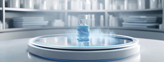 Aufkleber - A glass vial containing blue liquid, surrounded by mist on a futuristic display.