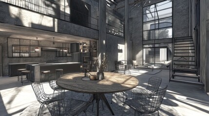 Poster - Modern interior featuring a spacious dining area and kitchen with industrial design elements.
