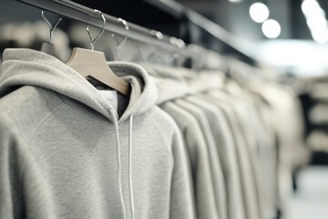 Poster - A display of gray hoodies hanging on racks in a retail clothing store.