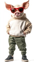 Poster - A cartoon pig wearing sunglasses and casual clothing, exuding a fun and trendy vibe.