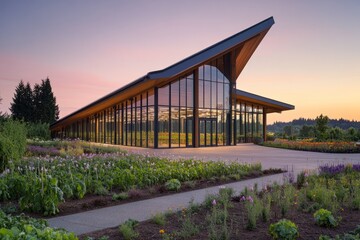 Aufkleber - Modern building with large glass windows surrounded by vibrant gardens at sunset.