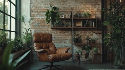 Poster - Cozy interior featuring a leather chair, plants, and a brick wall for relaxation and aesthetics.