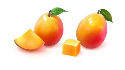 Poster - Two ripe mangoes with a slice and a cube of mango, showcasing vibrant colors.