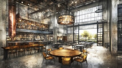 Poster - A modern restaurant interior with high ceilings, large windows, and stylish furnishings.