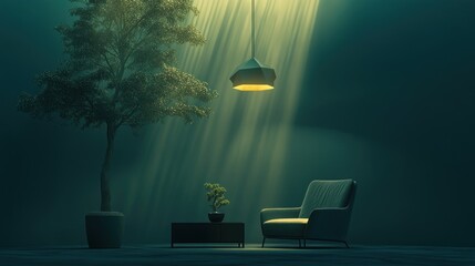 Poster - A serene indoor scene featuring a chair, table, plant, and soft lighting.