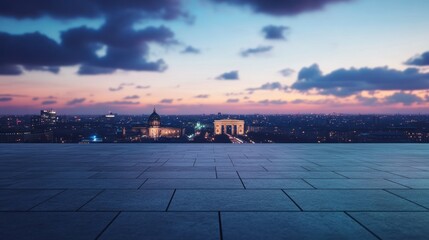 Poster - A scenic view of a city skyline at sunset, showcasing urban architecture and vibrant colors.