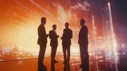 Fototapete - Silhouettes of business professionals against a vibrant, digital cityscape.