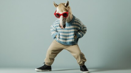 Poster - A horse wearing sunglasses and a sweater poses humorously against a light background.