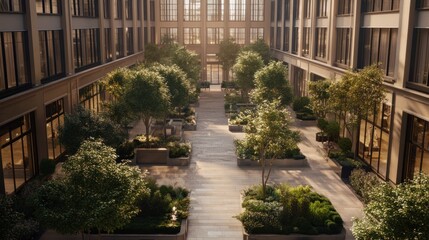 Poster - A serene courtyard with greenery and pathways, designed for relaxation and social interaction.