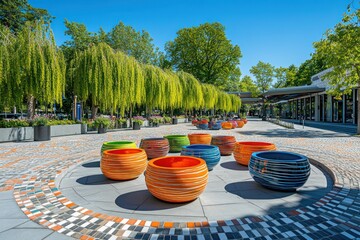 Poster - Colorful seating bowls in a landscaped area with trees and modern architecture.