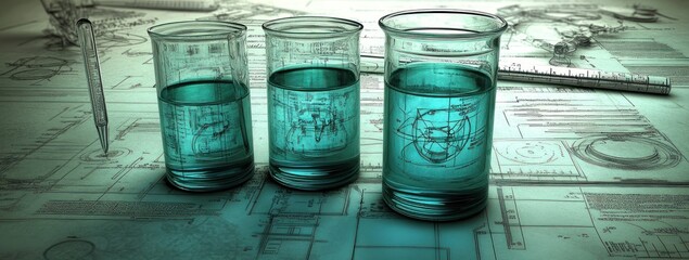 Aufkleber - Three beakers with blue liquid on a technical blueprint background.