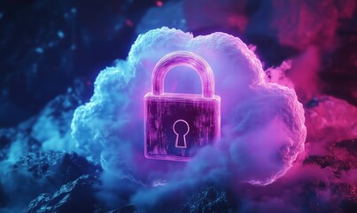 Poster - Cloud security lock, digital padlock, vibrant colors, abstract background, technology concept, data protection, cybersecurity