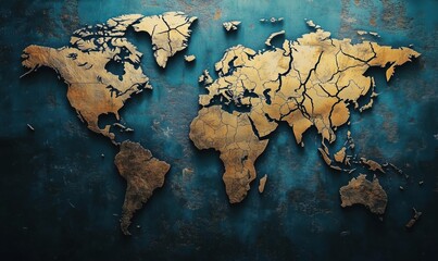 Poster - World map in gold and blue tones, cracked texture, artistic representation of continents, detailed geographical features