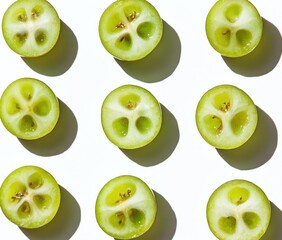 Poster - A flat lay of halved green fruits showcasing their interior and seeds.