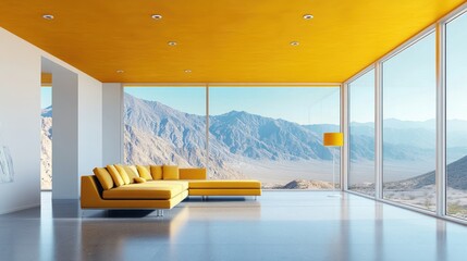 Poster - Modern living room with yellow accents and mountain view through large glass windows.