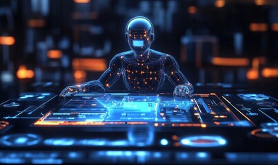 Poster - Futuristic holographic interface with digital humanoid figure, glowing circuits, advanced technology, data visualization, cybernetic design