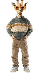 Poster - A giraffe wearing sunglasses and a sweater stands confidently, blending animal and human traits.