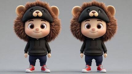 Poster - Two cute cartoon characters wearing lion-themed hats and casual outfits.