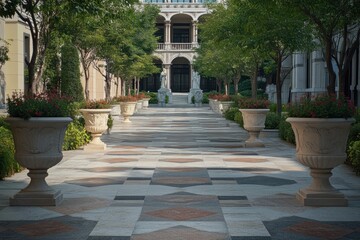 Poster - A serene courtyard with ornamental planters and a patterned stone pathway.