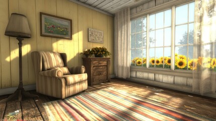 Poster - A cozy, sunlit room featuring a striped chair, wooden furniture, and sunflower-filled window.