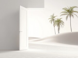 Poster - An open door reveals a serene desert landscape with palm trees.