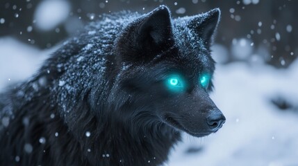 Poster - A mystical black wolf with glowing blue eyes in a snowy landscape.