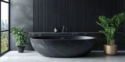 Poster - Modern bathroom featuring a sleek black marble tub and lush greenery.
