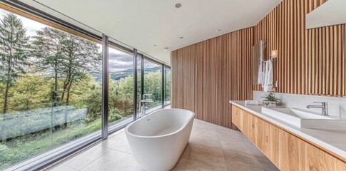 Poster - Modern bathroom featuring a freestanding tub and large windows with a scenic view.