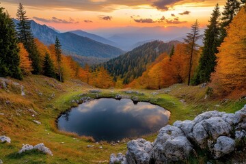 Poster - A serene mountain landscape at sunset with a reflective pond surrounded by autumn foliage.