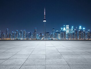 Poster - Night city skyline featuring a prominent tower and illuminated buildings.